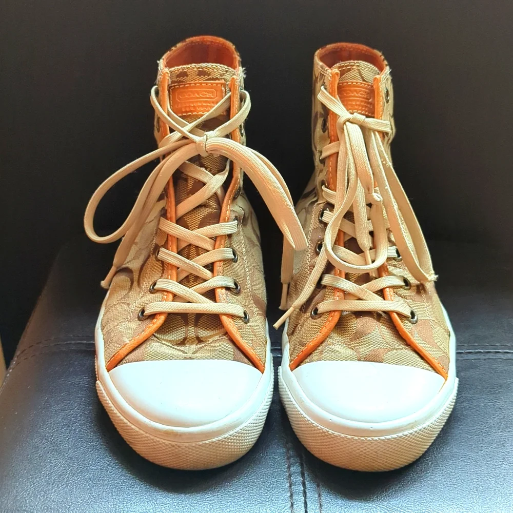 Coach Tan Signature High-Top Sneakers — Tan/White